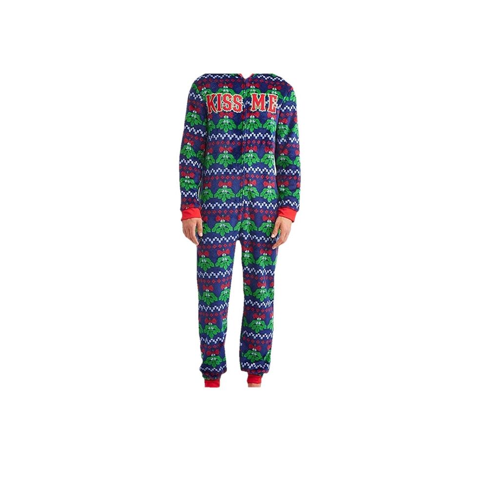 Mens Kiss Me Mistletoe Christmas Minky Fleece Union Sleeper Pj’s Drop Pant Sz XL